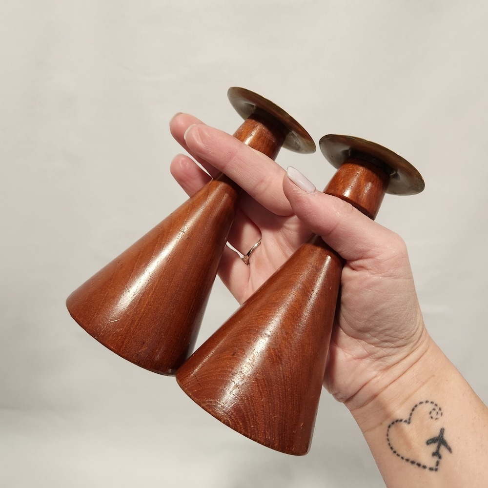 Vintage Joh Jorg Backe Norway Mid Century Modern Wood and Brass Candle Holders - Picture 8 of 8